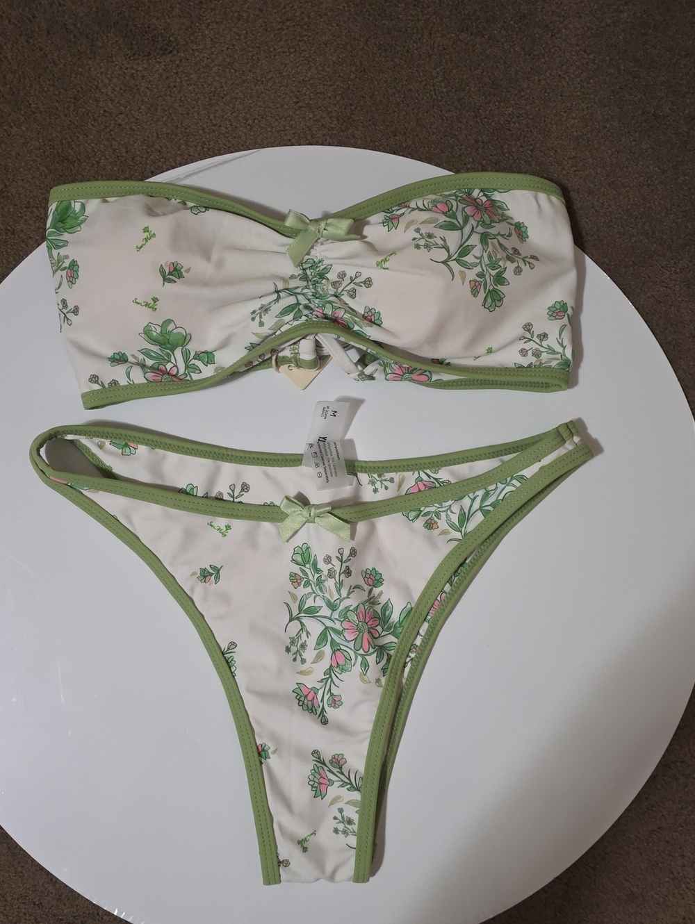 Floral Bandeau Bikini Set in Cream and Green Trim